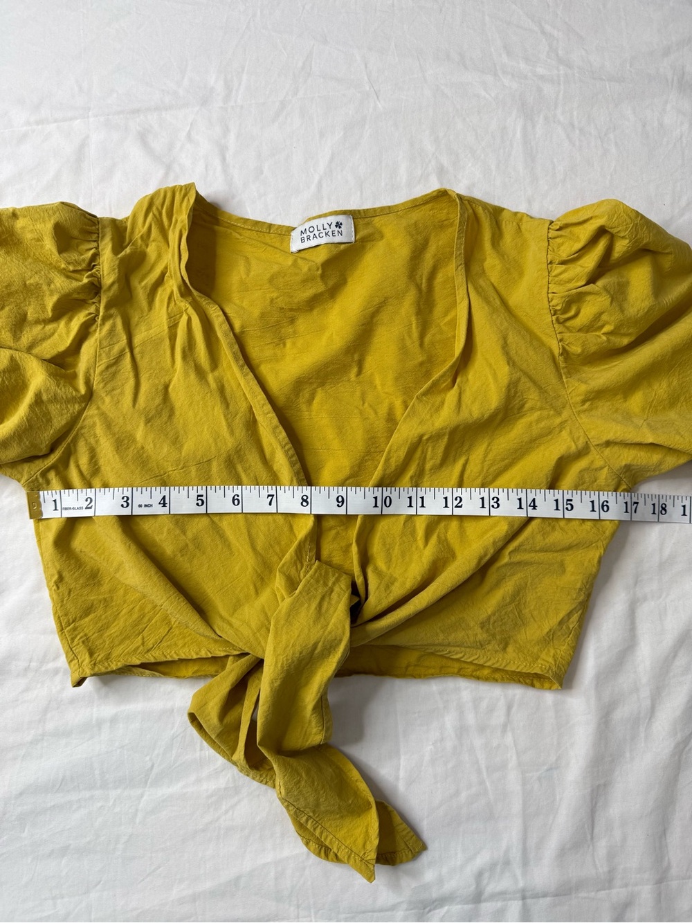 Molly Bracken Yellow Tie Front Puff Sleeve Cotton Top Boho Peplum Blouse xs/s - Picture 5 of 7